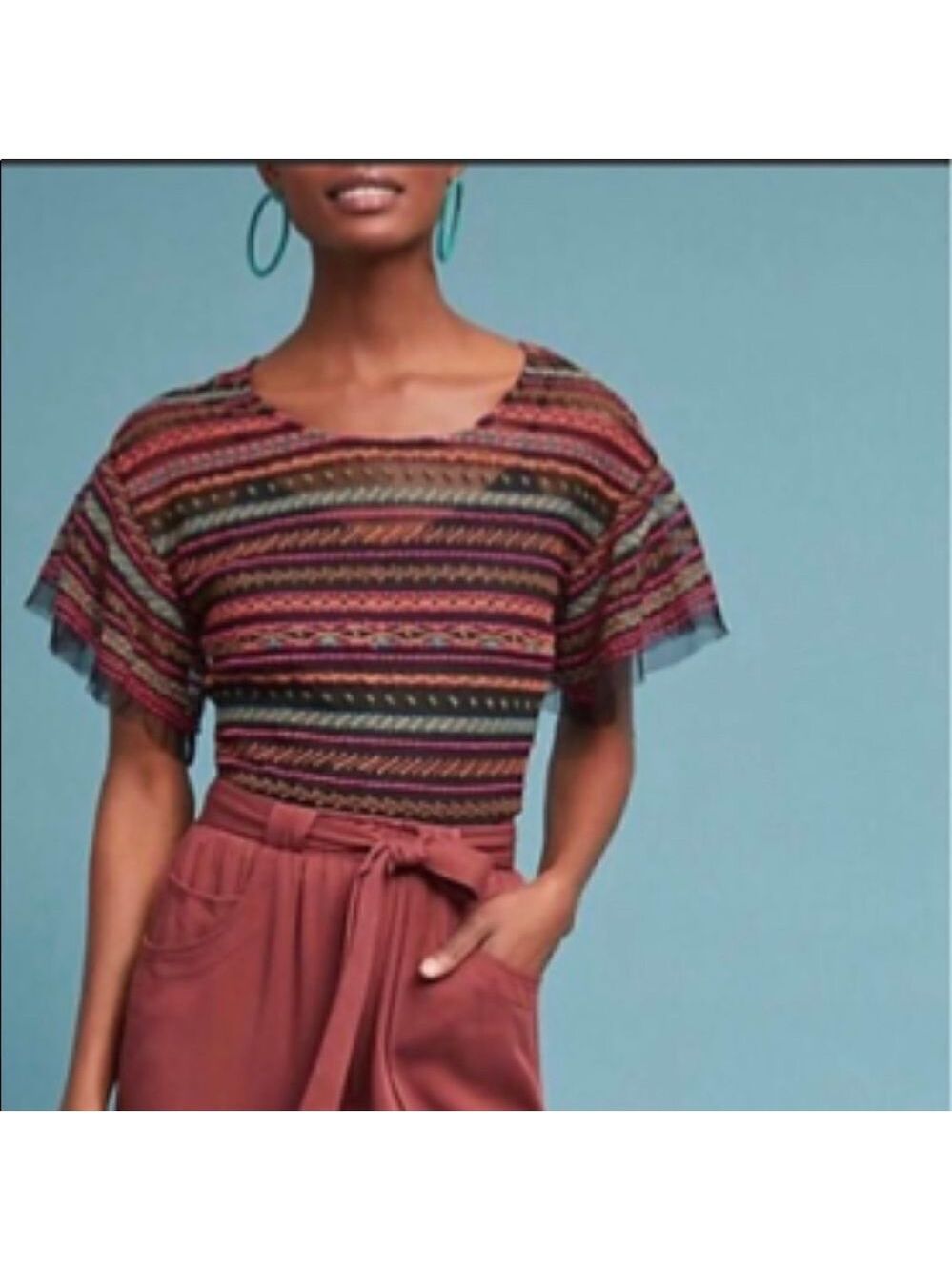 Anthropologie Maeve Naples Embroidered Flutter Sleeve Top